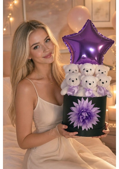 Lüks Mor Yıldız Balonlu 6'lı Peluş Ayıcık Hediye Kutusu Sevgiliye, Kıza Romantik Hediye