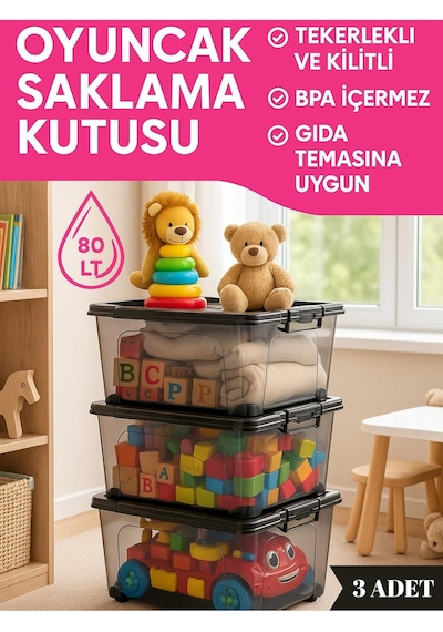 80 Lt Büyük Boy Saklama Kutusu Kapaklı Plastik Organizer Kamp Ekipmanları Depolama Kabı 3 Ade Diğer