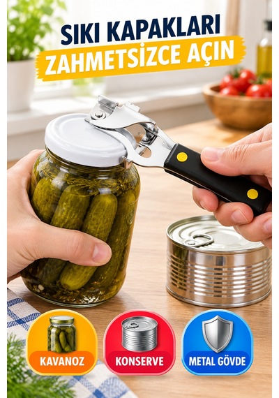 Metal Kavanoz Kapağı Ve Konserve Açacağı Siyah Saplı Çok Amaçlı Pratik Kapak Açıcı Gümüş