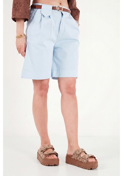 Lela Pamuklu Loose Fit Pileli Kemerli Bermuda Şort Bayan Şort 668yp5439 Mavi