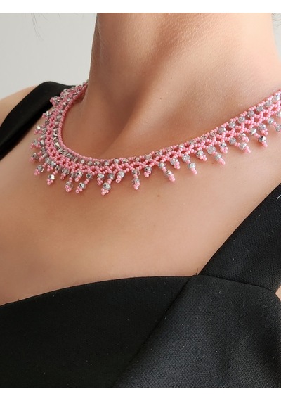 Etnik Bohem Pembe Gümüş Salkım Model Kum Kristal Boncuk Kolye El Yapımı Pembe