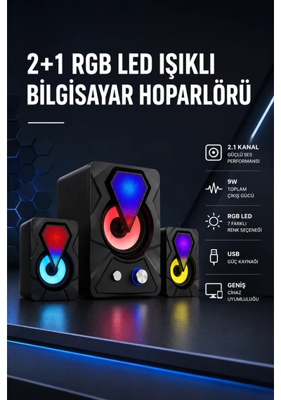 2+1 Rgb Led Işıklı Güçlü Bas Sistemli Bilgisayar Hoparlörü Renkli