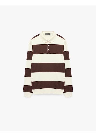 Koton Uzun Kollu Rahat Kalıp Çizgili Düğmeli Polo Yaka Sweatshirt Bordo Çizgili 7wam70058mk