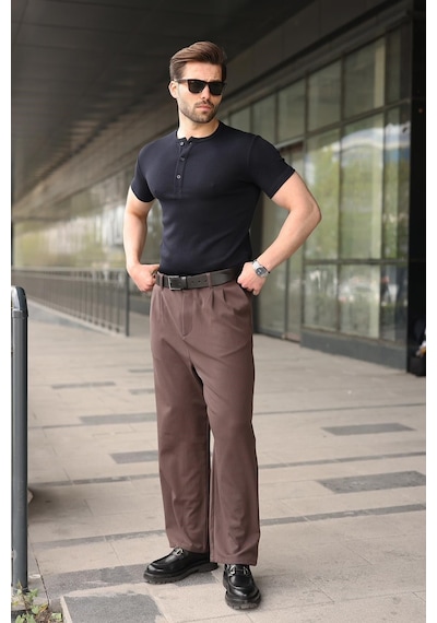 Madmext Lacivert Yarım Düğmeli Slim Fit Erkek Tişört E7186