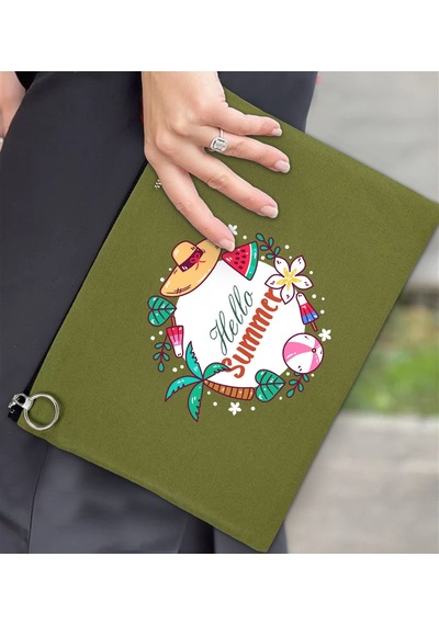 Bk Gift Yaz Temalı-4 Astarlı Yeşil Portföy Çanta 30x21cm, Baskılı El Çantası, Organizer Çanta