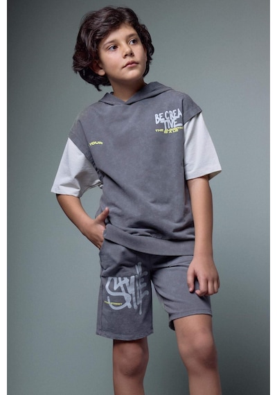 Defacto Oversıze Slogan Baskılı Sweatshirt Kumaşı Şort Erkek Çocuk G9729a826smgr452 Gri-gr452