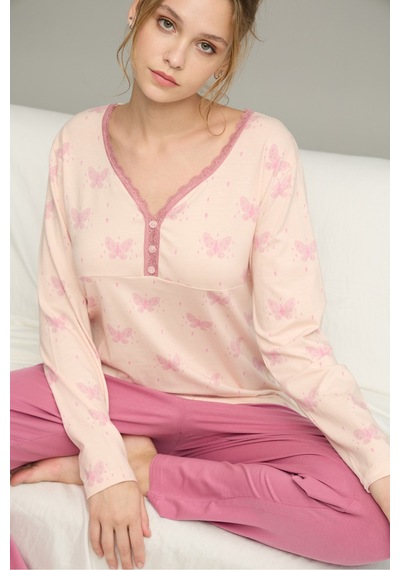 Siyah İnci Örme Pamuklu Pijama Takım25240261 Somon