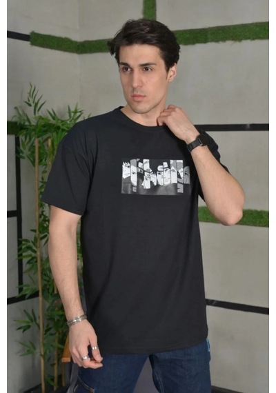 Moda Assema Erkek Bisiklet Yaka Baskılı Kısa Kol Oversize T-shirt - Siyah Çok Renkli