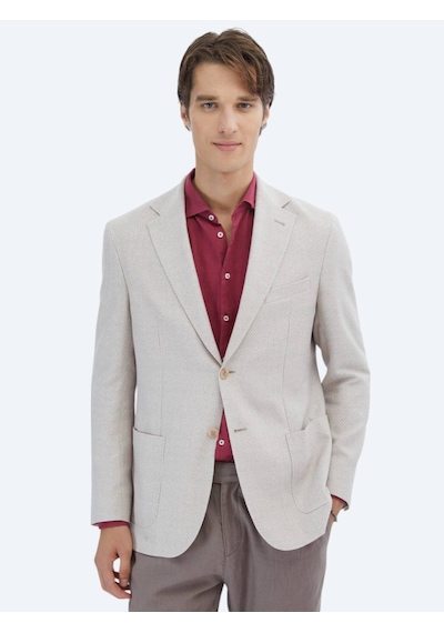 Kip Somon Desenli Modern Fit Keten Karışımlı Ceket Somon