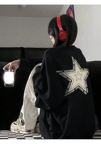 Star Pattern Drop Shoulder Oversized Pullover Siyah Siyah
