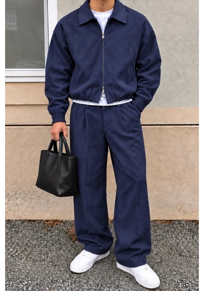Erkek Oversize Çift Fermuarlı Ceket Ve Baggy Pantolon Alt Üst Takım Lacivert Lacivert