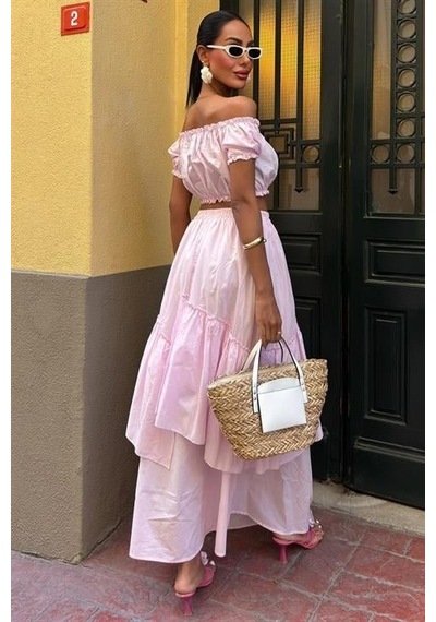 Dogutrend Büzgülü Crop Kat Detaylı Fırfır Etekli Takım 10196 Pembe