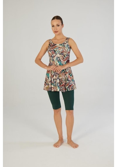 Estiva 26609 Leafy Desenli Askılı Taytlı Elbise Mayo Siyah