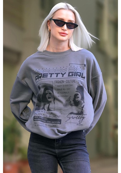 Madmext Füme Baskılı Oversize Kadın Sweatshirt Mg1923 Füme
