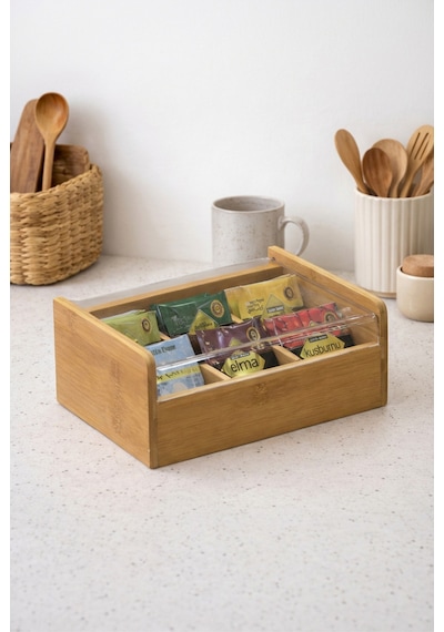 Makri Home Bambu Çay Kutusu Şeffaf Kapaklı Poşet Çay Saklama Organizatörü Bölmeli Tea Box Bambu