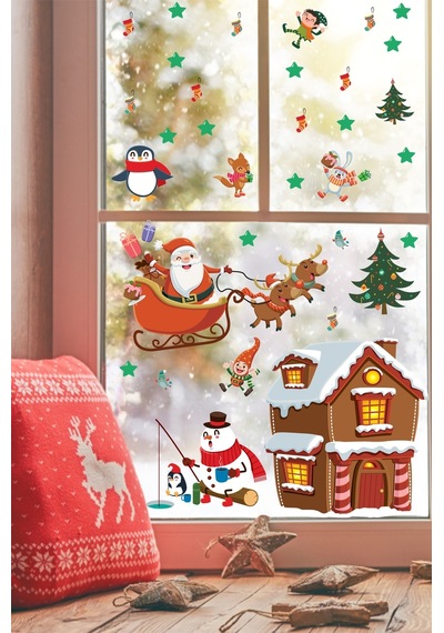 Yılbaşı Sticker Noel Baba Geyikler Kardan Adam Penguenler Ve Yılbaşı Süsleri