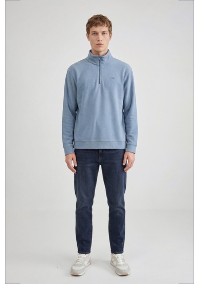 Wrangler Pamuklu Regular Fit Dik Yaka Fermuarlı Selanik Örgü Sweatshirt Mavi