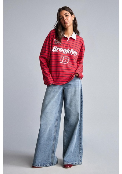 Defacto Oversize Polo Yaka Çizgili Baskılı Kalın Kumaş Sweatshirt H5841ax26wnrd227 Kırmızı-rd227