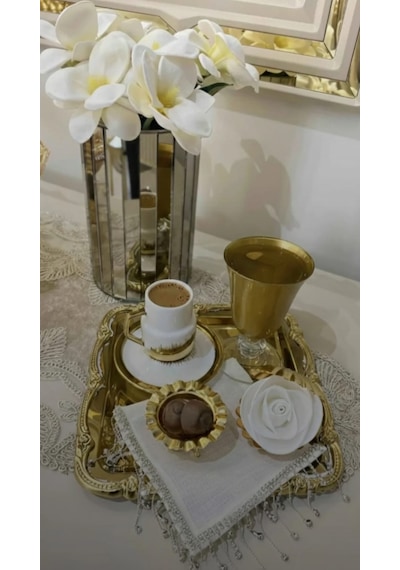 Gold Üzeri Gold Gül Figürlü Sunum Tepsisi Tek Kişilik Dekoratif Kare Servis Kahve Çay Tepsisi