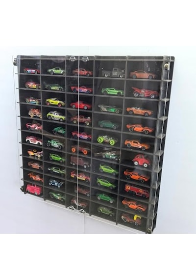 Pleksi Kapaklı 1/64 Ölçek 50araç Hotwheels Matchbox Metal Araç Uyumlu Model Oyuncak Araba Rafı Aahşap