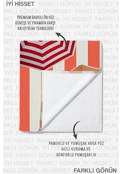 Şemsiye Temalı Çizgili Plaj Havlusu - Modern Tropikal Mercan Tonlu Hızlı Kuruyan Mikrofiber Havlu Çok Renkli