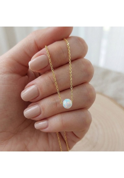 925 Ayar Gümüş Beyaz Küre Opal Taşlı Altın Kaplama Kolye Gold