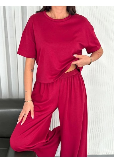 Freedom Storee Kadın Osy Modal Yumuşak Dokulu Kumaş Bisiklet Yaka T-shirt Bol Paça Pantolon İkili Takım -bordo Çok Renkli