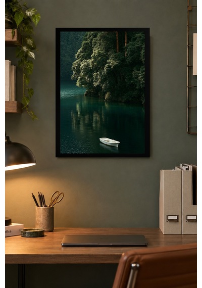 Göl Üzerinde Kayık Desenli Dekoratif Mdf Tablo, Çerçeve Görünümlü Ahşap Poster