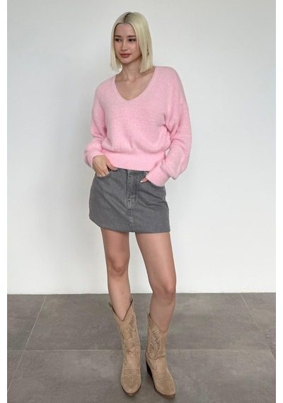 Madmext Pembe V Yaka Yumuşak Dokulu Kadın Kazak Mg2499 Pembe