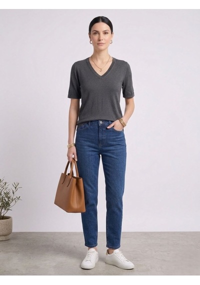 Neden Tekstil Kadın V Yaka Kısa Kollu Basic T-shirt - Antrasit