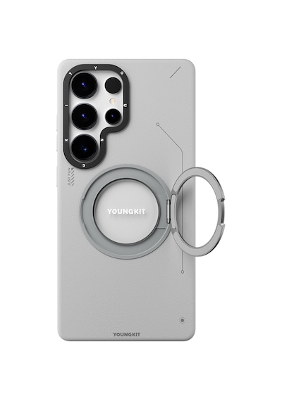 Galaxy S25 Ultra Kılıf Magsafe Uyumlu 360 Standlı Mat Deri Youngkit Tech Leather Kapak Gri