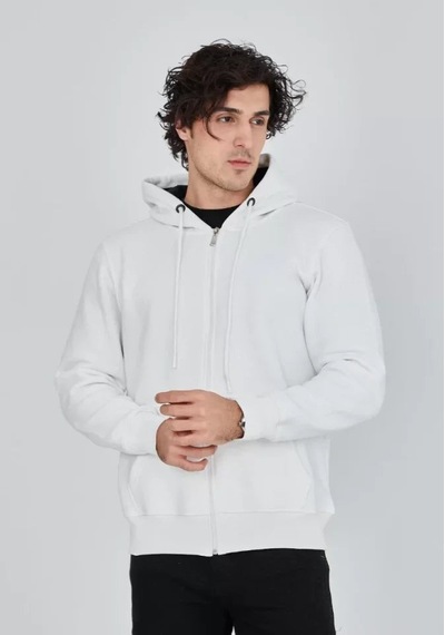 Yake Store Unisex Tam Fermuarlı Kapşonlu Sweatshirt - Beyaz - Beyaz