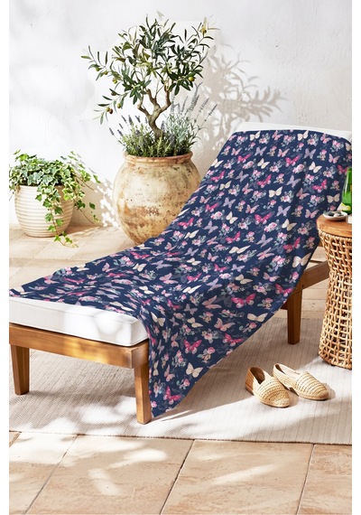 Kelebek Gül Çiçekli Lacivert Plaj Havlusu-romantik Vintage Pembe Mor Hızlı Kuruyan Mikrofiber Havlu Bulut Çayı