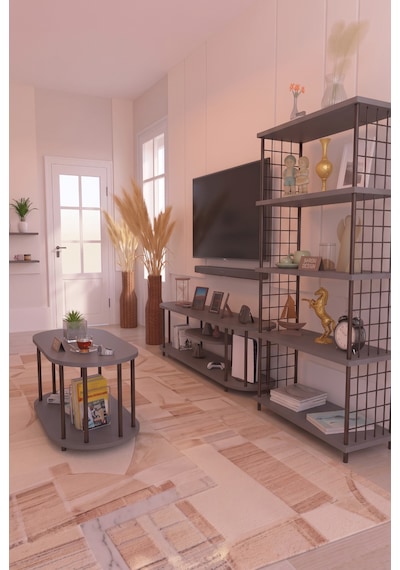Salon Oturma Odası Takımı Metal Ayaklı Tv Ünitesi Kitaplık Orta Sehpa Avantajlı Mobilya Seti Antrasit Salon Oturma Odası Takımı Metal Ayaklı Tv Ünitesi Kitaplık Orta Sehpa Avantajlı Mobilya Seti Antrasit
