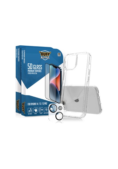 Buff Apple iPhone Uyumlu  14 - 2x5d Ekran Koruyucu + Şeffaf Kılıf + Lens Koruyucu Glass