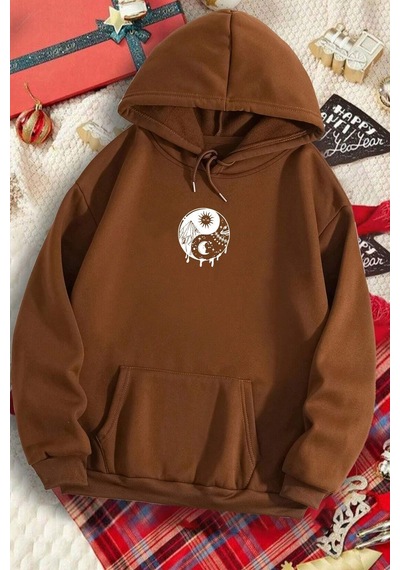 Uyguntarz Unisex Cartoon Face Siyah Beyaz Hoodie Kahverengi