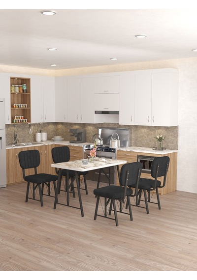 Mygusi Hayat 4 Sandalyeli Yemek Masa Takımı Beyaz Mermer Efes Siyah