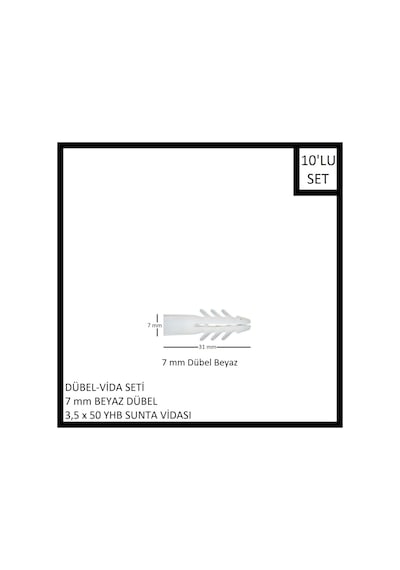 Dübel-vida Seti, Beyaz Dübel 7 Mm, 3,5x50 Yhb Sunta Vidası, 10 Adet