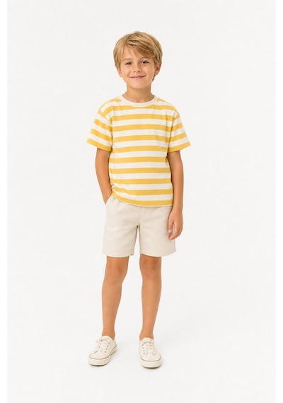 Eray Alp Kids Erkek Çocuk Çizgili Tişört Keten Şort Takımı Yazlık Günlük Model Sarı