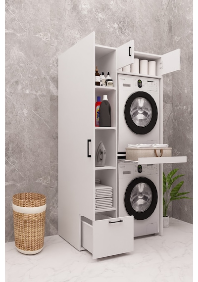 Mdf Çamaşır Makinesi Ve Kurutma Makinesi Dolabı Ütü Masalı Beyaz