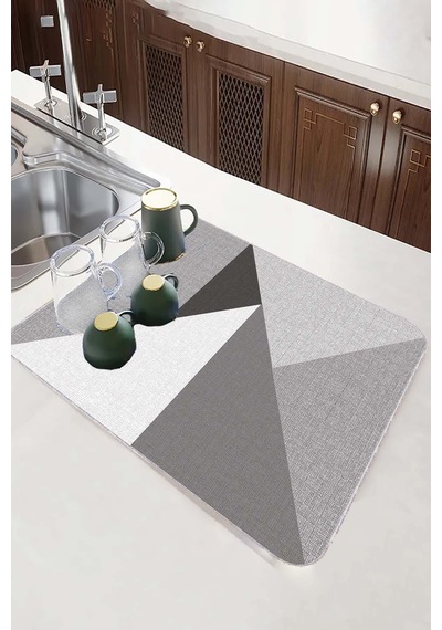 Gri Geometrik Microfiber Bulaşık Kurutma Kurulama Matı Mm006