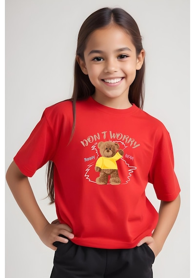 Panios Kids Worry Bear Baskılı Kız Çocuk Kısa Kollu T-shirt Kırmızı