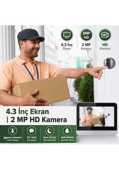 Wifi Akıllı Kapı Kamerası 4.3" Ekran 1080p Hd Görüntülü Kapı Dürbünü Pır Sensörlü