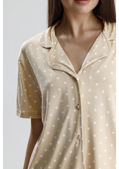 Kompedan Kadın Puantiye Desen Önden Düğmeli Pijama Takım Bej P. Bej