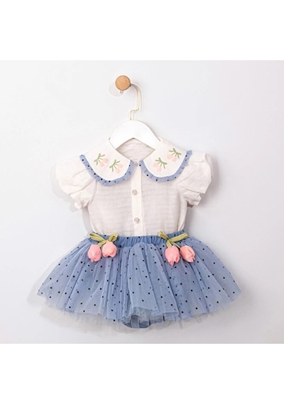 Ministok Eliza Yakası Nakışlı Şortlu Tütü Etekli Kız Bebek Takım Mavi