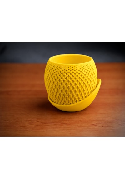 3d Baskı Küre Saksı - Kafes Dokulu İki Parçalı Dekoratif Saksı - Sarı-sarı