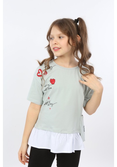 Toontoy Kids Toontoy Kız Çocuk Cool And Fancy Yazılı Kalp Baskılı Tişört Yeşil