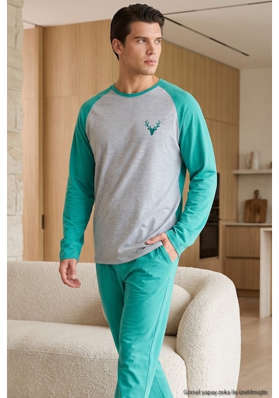 Siyah İnci Nakışlı Pamuklu Likralı Örme Pijama Takım 26241802 Yeşil