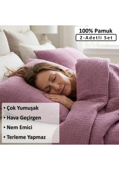 Lexroo Püskül 2-adet Müslin Yastık Kılıfı Seti, 100% Pamuk 2-katlı Standart Ölçü Çok Renkli