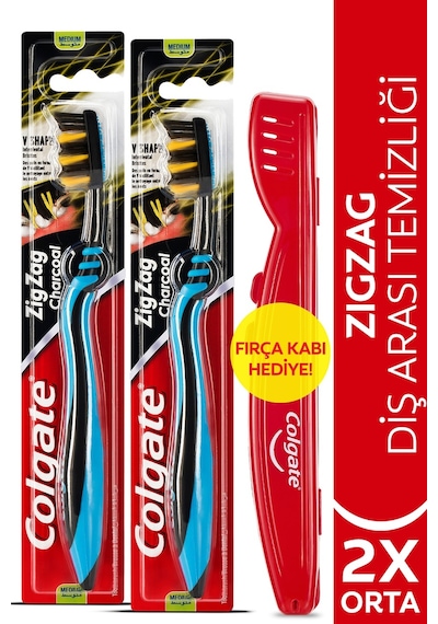 Colgate Zigzag Charcoal Diş Arası Temizliği Orta Diş Fırçası 2'li + Diş Fırçası Kabı